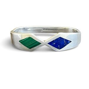 Vintage Taxco sterling silver malachite and lapis Heavy hinged bangle bracelet
